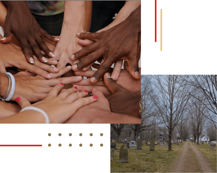 A collage of hands and trees with cemetery in background.